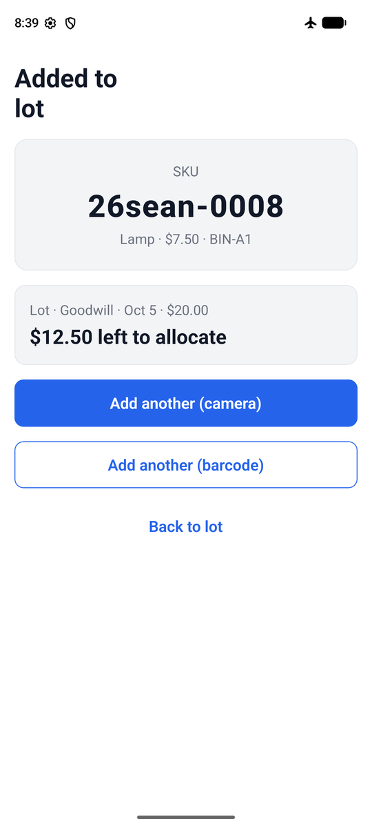 Adding an item to a lot, with the price read from the tag